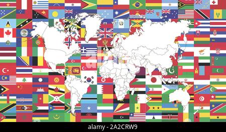 Hi Detail Vector Political World Map illustration on world flags background Stock Photo