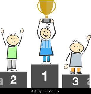 smiling stick figures on winners podium, one holding trophy vector illustration Stock Vector