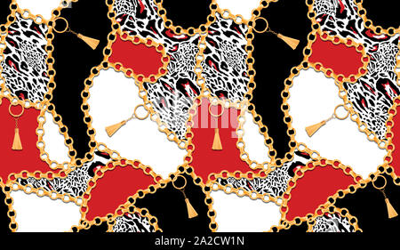 Trendy print with golden chains, belts and colorful leopard. Seamless pattern with vintage elements. Women's fashion collection for textile prints. Bl Stock Photo
