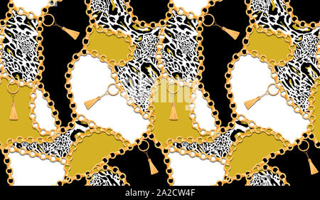 Seamless pattern full of chains and colorful leopard. Vintage elements. Women's fashion collection for textile prints on black, yellow with white back Stock Photo