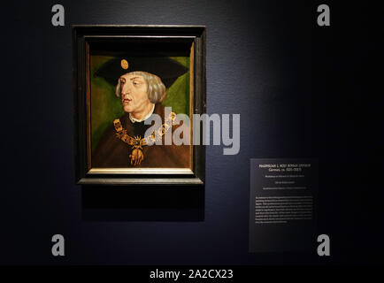 New York, United States. 02nd Oct, 2019. A portrait of Maximilian I is on display at a press preview for 'The Last Knight' exhibit at The Met Fifth Avenue in New York City on Wednesday, October 2, 2019. The first major exhibition to focus on the critical role that armor played in the life and ambitions of Holy Roman Emperor Maximilian I (1459C1519) will open at The Metropolitan Museum of Art on October 7 coinciding with the 500th anniversary of Maximilian's death. Photo by John Angelillo/UPI Credit: UPI/Alamy Live News Stock Photo