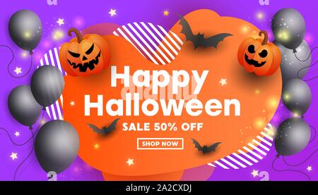 Creative Happy Halloween sale banner with scary faces of pumpkins, bats and a ghostly balloon on purple background. Special seasonal offer. Stock Vector