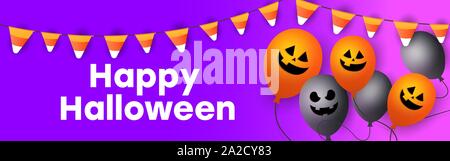 Halloween sale banner with scary faces of pumpkins, bats and a ghostly balloon on purple background. Special seasonal offer. Stock Vector