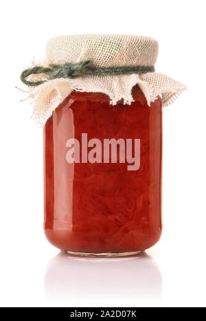 Front view of rose petal jam in glass jar isolated on white Stock Photo