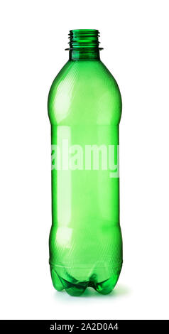 Front view of empty PET plastic green bottle isolated on white Stock Photo