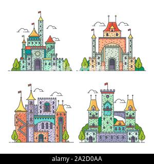 Cartoon castles, kingdom palace, medieval fortress Stock Vector