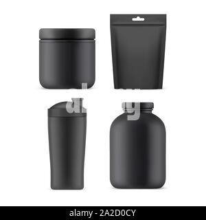 Sport nutrition black packages, 3D blank mockups Stock Vector