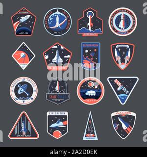 Space patches, galaxy exploration spaceship badges Stock Vector