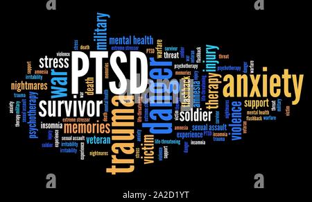 PTSD - post traumatic stress disorder. War veteran mental health issue. Word cloud sign. Stock Photo