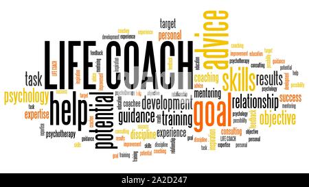 Life coach - personal development training word cloud. Stock Photo