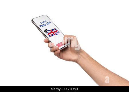 Language Educational App Opened On Smartphone In Man's Hand Stock Photo