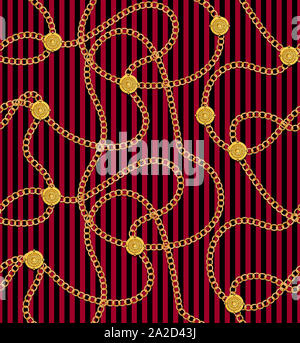 Seamless Pattern with modern Golden Chains on lined red and black background. Ready for textile prints. Stock Photo