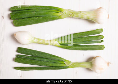 Large spring onion bulbs on a light wooden surface Stock Photo