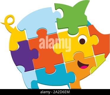 piggy bank in the form of a puzzle. Paper art style Stock Vector