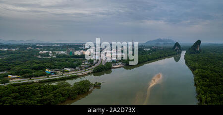 Panorama View from above, stunning aerial view of Krabi Thailand Limestone Cliffs and Pak Nam River Stock Photo