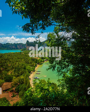 Beautiful view of Railay West beach and East Railay Bay beach from the  Railay point. Tropical beach with limestone rock formations on the paradise co Stock Photo