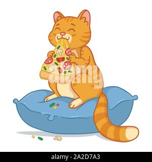 Cat with a pizza slice in the mouth vector illustration. Kitty sit on the pillow and eating pizza. Amusing domestic pet illustration. Isolated on whit Stock Vector