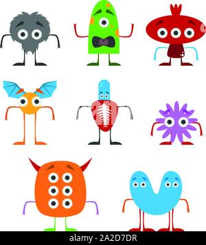 Set of 8 funny monsters vector illustration in white background. Isolated. Stock Vector