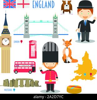England Flat Icon Set Travel and tourism concept. Vector illustration Stock Vector