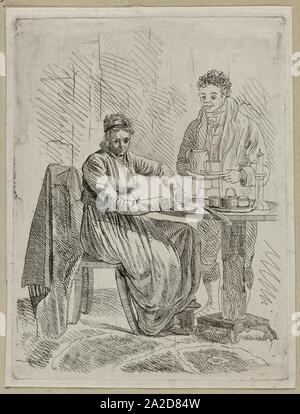 Een zittende vrouw aan een tafel in een interieur. Naast haar een staande man, een bediende met negroïde trekken, met een dienblad waarop een kan en een kop en schotel.