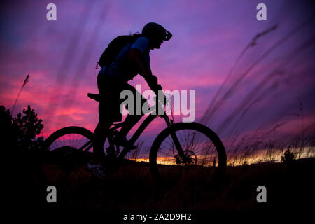 A female mountain biker rides at sunset near Missoula, Montana Stock Photo