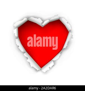 Torn paper heart,Valentines day background.   Illustration of a hole in paper in the shape of heart. Isolated on white background. Vector available. Stock Vector
