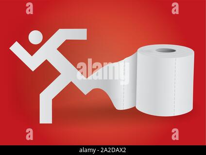 Toilet paper with symbol of running man.  Illustration of running male paper silhouette unwinding toilet paper on red background. Vector available. Stock Vector