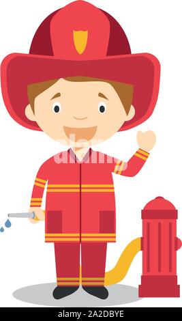 Cartoon Illustration Of A Firefighter With A Fire Hose And A Tree Stock 