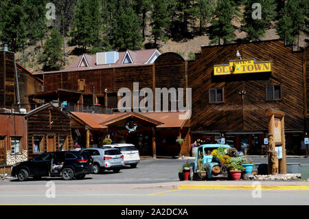 The town of Red River in northern New Mexico. Many of the wooden buildings have been given old west facades. Red River has summer and winter visitors. Stock Photo