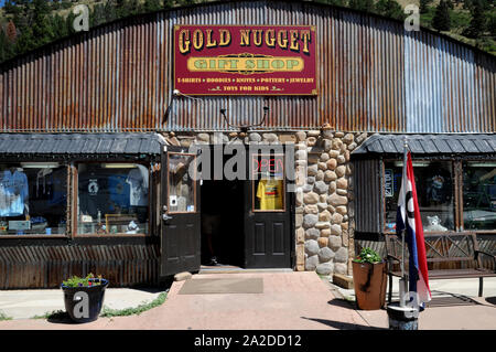 The town of Red River in northern New Mexico. Many of the wooden buildings have been given old west facades. Red River has summer and winter visitors. Stock Photo