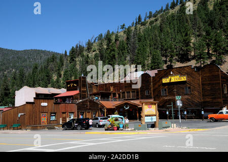 The town of Red River in northern New Mexico. Many of the wooden buildings have been given old west facades. Red River has summer and winter visitors. Stock Photo
