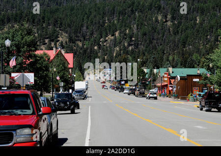 Main street in the town of Red River in northern New Mexico. Many of the wooden buildings have been given old west facades. Stock Photo