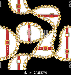 Seamless pattern with gold chains and red belts on black background for fabric design. Baroque golden illustration. Stock Photo