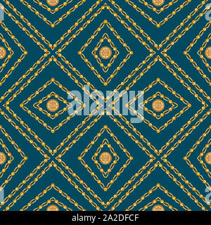 Abstract geometric design, seamless chains pattern of dark blue and gold color for wallpapers and background. ready for textile print. Stock Photo