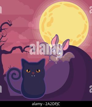 cute cat with bat flying on halloween scene vector illustration design Stock Vector