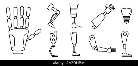 Bionic artificial limbs icons set. Outline set of bionic artificial limbs vector icons for web design isolated on white background Stock Vector