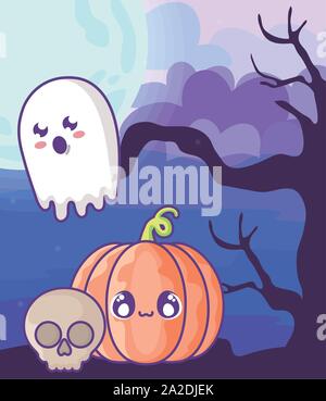 halloween pumpkin on halloween scene vector illustration design Stock Vector