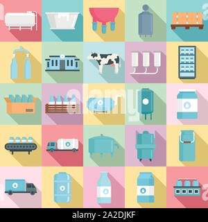 Milk factory icons set. Flat set of milk factory vector icons for web design Stock Vector
