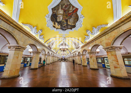 Moscow, Russia, September 28, 2019: Interior of Komsomolskaya metro station. It opened on 30 January 1952 as a part of the second stage of the line. Stock Photo