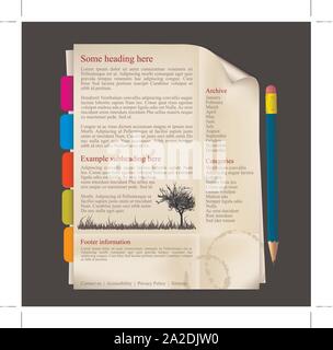 Web site template - sheet of paper with tabs and pencil Stock Vector