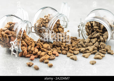 Dry pet food. Kibble dog or cat food in jar. Stock Photo