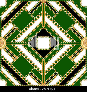 Golden squared chains seamless pattern with white and green background. Fashion luxury jewelry scarf pattern for textile prints, wallpapers, wrapping, Stock Photo