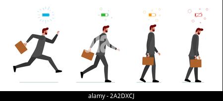 Life energy full and tired businessman. Powerful person with high charge and uncharged battery level indicator set. Worker male concept. Business man running and low power weak walking illustration Stock Vector