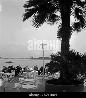 Menschen erfrischen sich in der von Palmen umgebenen Außengastronomie am Maschsee bei Hannover, Deutschland 1930er Jahre. People relaxing at a garden restaurant on the shore of Maschsee lake near Hanover, Germany 1930s. Stock Photo