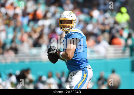 Miami Gardens FL, USA. 29th Sep, 2019. Philip Rivers #17 of Los Angeles in action during the NFL football game between the Miami Dolphins and Los Angeles Chargers at Hard Rock Stadium in Miami Gardens FL. The Chargers defeated the Dolphins 30-10. Credit: csm/Alamy Live News Stock Photo