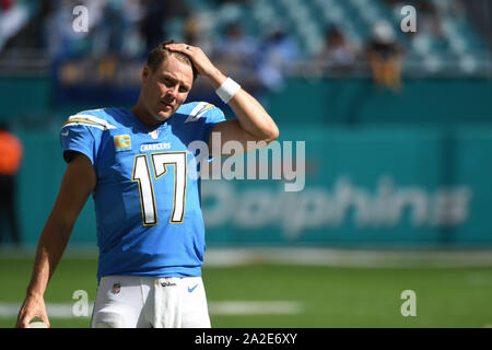 September 29, 2019: Philip Rivers #17 of Los Angeles in action during the NFL football game between the Miami Dolphins and Los Angeles Chargers at Hard Rock Stadium in Miami Gardens FL. The Chargers defeated the Dolphins 30-10. Stock Photo