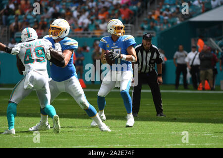 September 29, 2019: Philip Rivers #17 of Los Angeles in action during the NFL football game between the Miami Dolphins and Los Angeles Chargers at Hard Rock Stadium in Miami Gardens FL. The Chargers defeated the Dolphins 30-10. Stock Photo