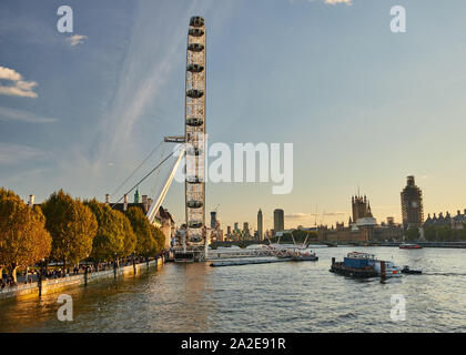 Evening view of the London Eye looking West from the Golden Jubilee bridge. Stock Photo