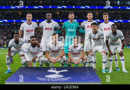 London, UK. 01st Oct, 2019. Spurs pre match team photo (back row l-r) Toby Alderweireld, Moussa Sissoko, Goalkeeper Hugo Lloris, Jan Vertonghen & Dele Alli (front row l-r) Serge Aurier, Danny Rose, Harry Kane, Harry Winks, Son Heung-Min & Tanguy NDombele before the UEFA Champions League group match between Tottenham Hotspur and Bayern Munich at Wembley Stadium, London, England on 1 October 2019. Photo by Andy Rowland. Credit: PRiME Media Images/Alamy Live News Stock Photo