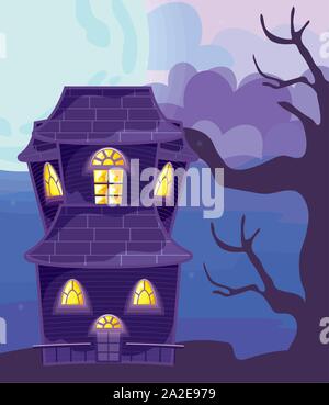 halloween horror house on halloween scene vector illustration design Stock Vector
